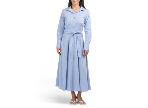 ELLEN TRACY Stretch Poplin Belted Flared Maxi Shirt Dress