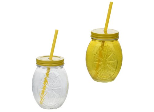 Lemon Themed Jar With Lid And Straw, Assorted Colors