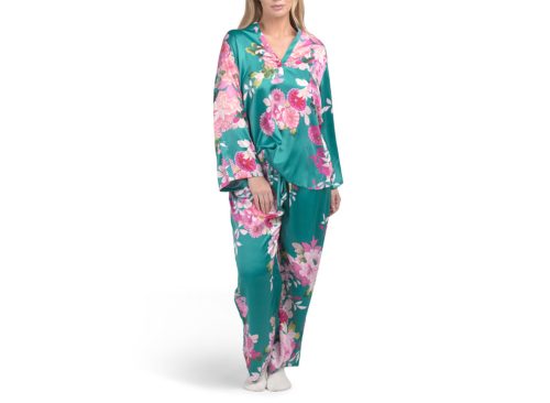 N NATORI Empress Printed Satin Top And Pants Pajama Set