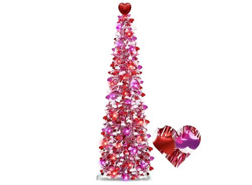 Valentines Day Decorations 5 Ft Valentines Tree with 50 Red&Pink Lights Timer 3 Color Sequin Ornaments Heart Topper Battery Operated Tinsel Christmas Tree Valentine Decor Home Wedding Party Indoor