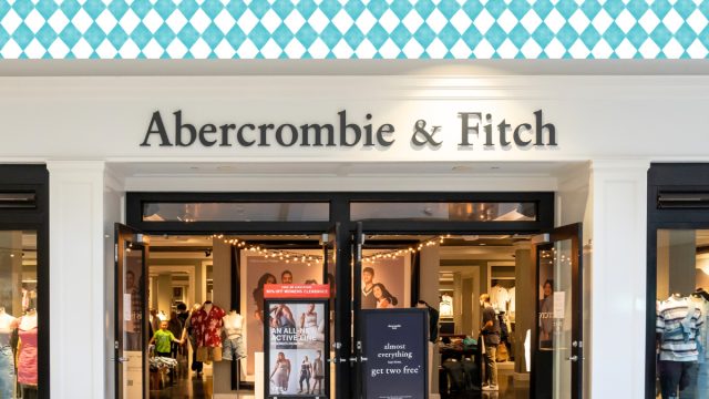 Abercrombie & Fitch store with a blue and white checked background