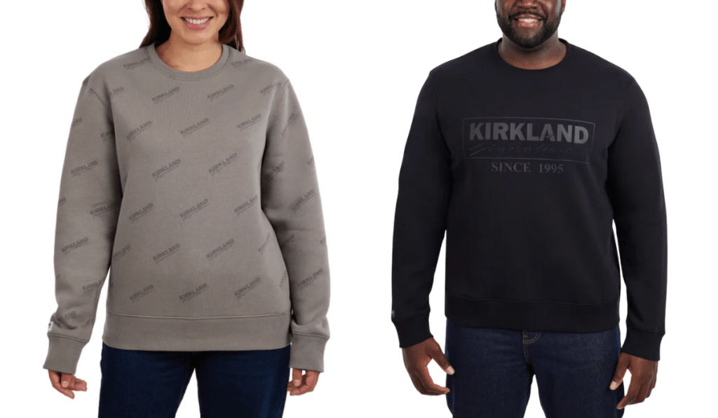 woman and man wearing taupe and black Kirkland sweatshirts