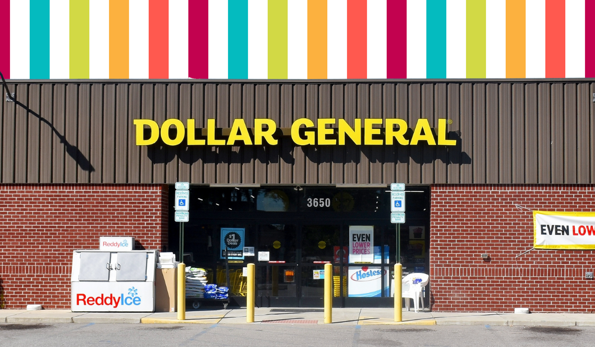 Dollar General store with a colorful striped background