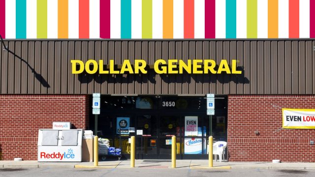Dollar General store with a colorful striped background