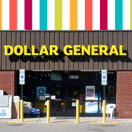 Dollar General store with a colorful striped background