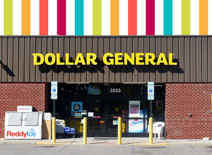 Dollar General store with a colorful striped background