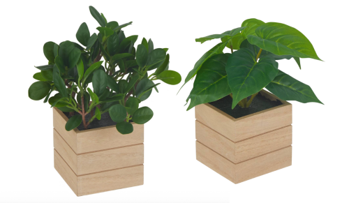 faux plants in wood planters