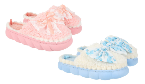 pink and blue ruffle bow slippers