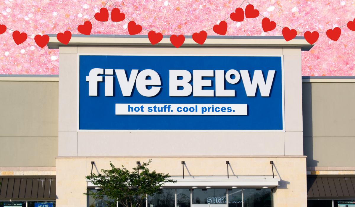 Five Below store with a pink background and red heart banner