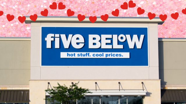 Five Below store with a pink background and red heart banner