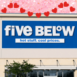 Five Below store with a pink background and red heart banner