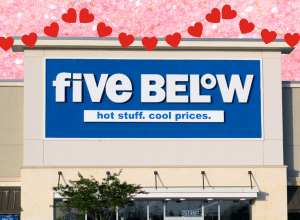 Five Below store with a pink background and red heart banner