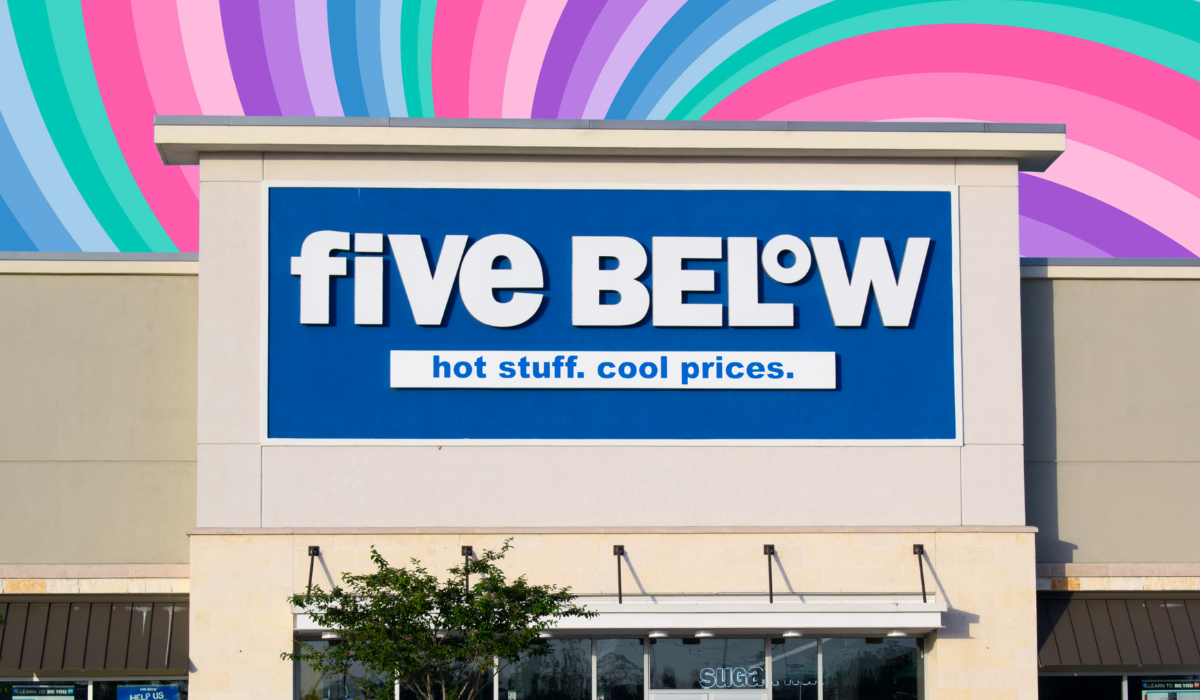 Five Below store with a colorful swirl background