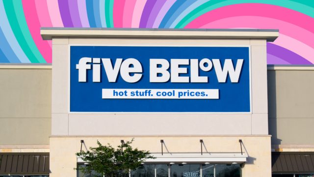 Five Below store with a colorful swirl background
