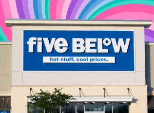 Five Below store with a colorful swirl background