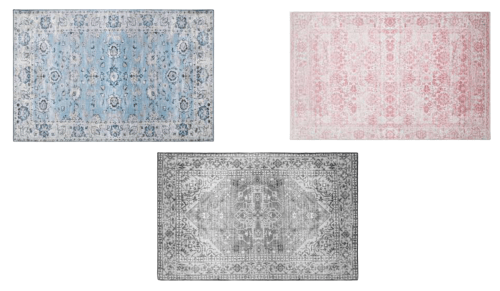 blue, black, and pink area rugs