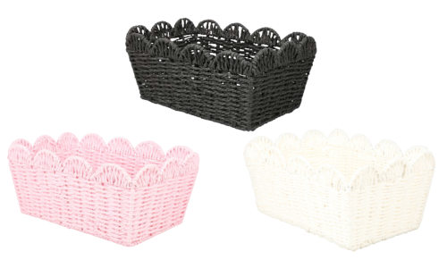 pink, black, and white rattan storage baskets