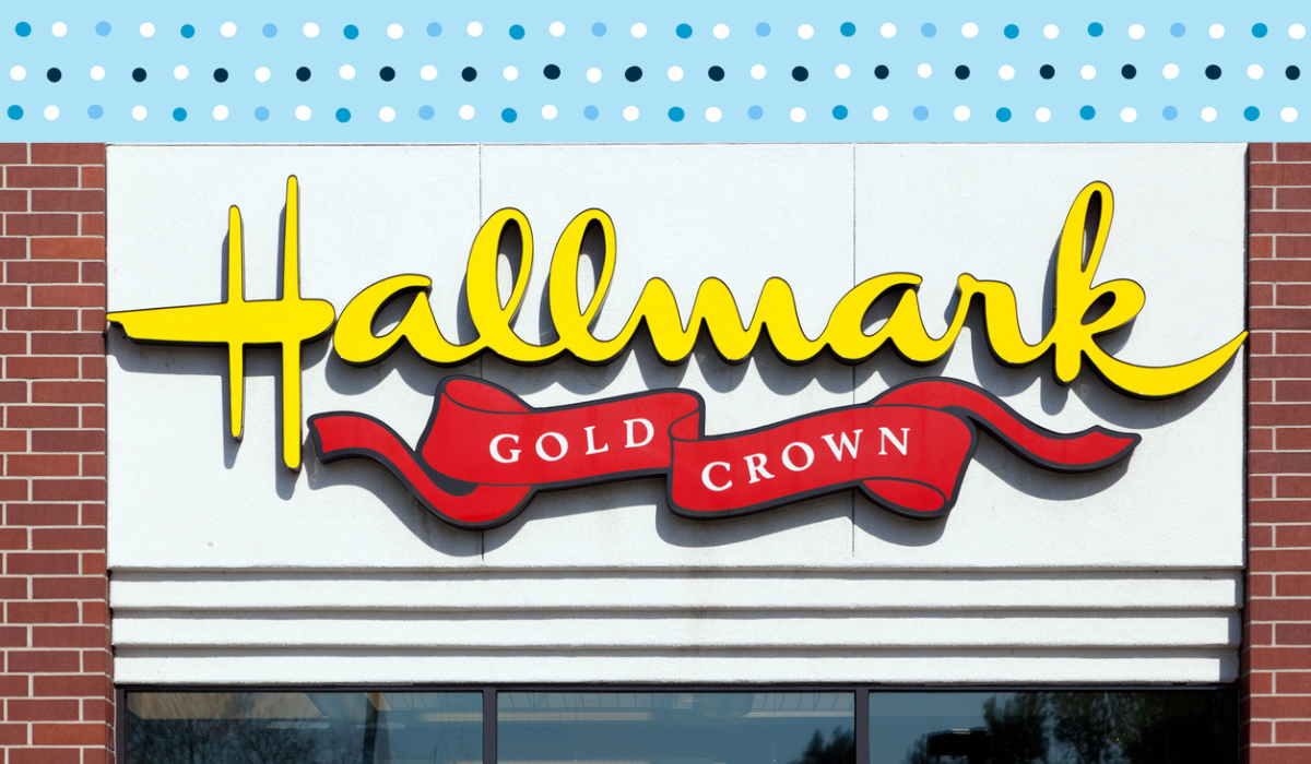 Hallmark Gold Crown store with a blue polka dot background