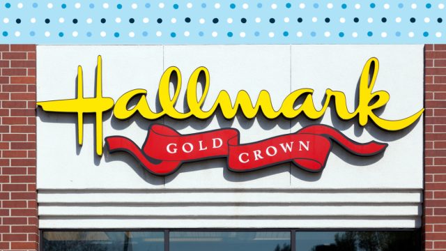 Hallmark Gold Crown store with a blue polka dot background