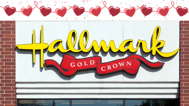 Hallmark store with a hearts background