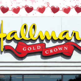 Hallmark store with a hearts background