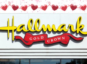 Hallmark store with a hearts background