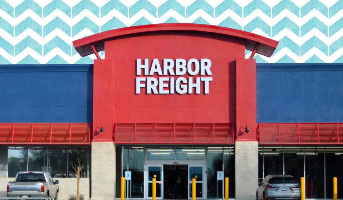 Harbor Freight store with a blue zigzag background