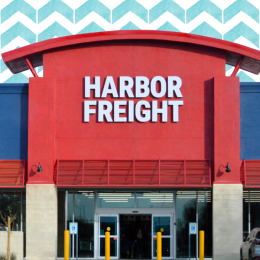 Harbor Freight store with a blue zigzag background