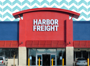 Harbor Freight store with a blue zigzag background