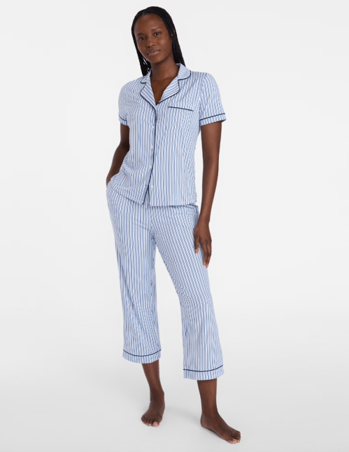 blue and white striped PJ set