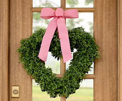 Pink Bow & Heart-Shaped Boxwood Wreath