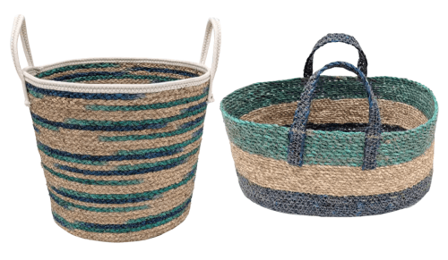blue striped rattan baskets