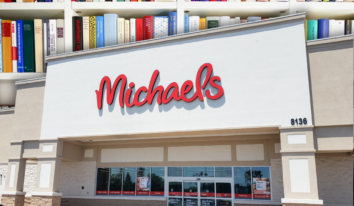 Michaels store with a book shelf background