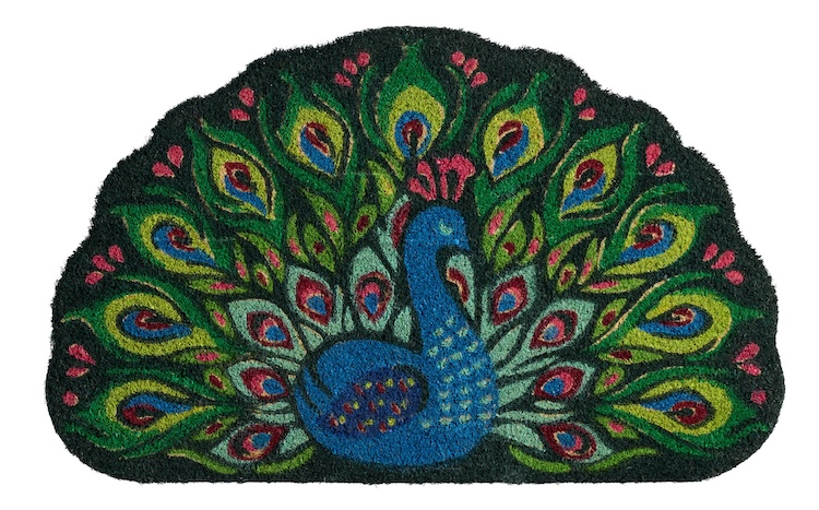 Half Round Green and Blue Peacock Fan Shaped Coir Doormat