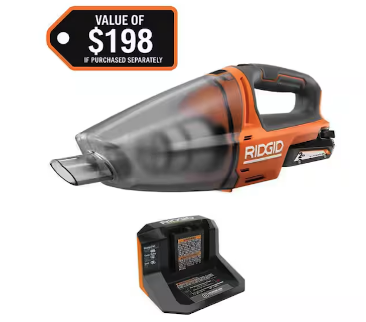 Ridgid 18V Cordless Hand Vacuum Kit with 2.0 Ah Battery and Charger