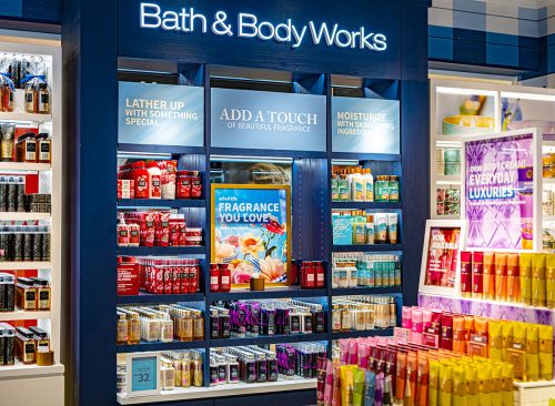 Interior of Bath and Body Works store in a shopping mall.