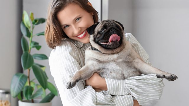Young woman holding cute pug dog at home