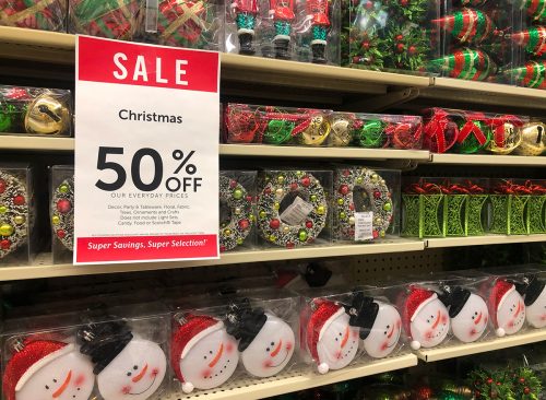 A variety of Christmas ornaments for sale at 50 percent off at Hobby Lobby.