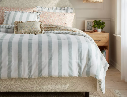 light blue and white striped bedding