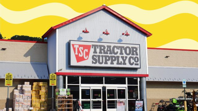 Tractor Supply store with a yellow squiggle background