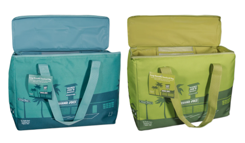 Trader Joe's blue and green insulated freezer bags