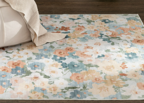 peach and blue floral rug