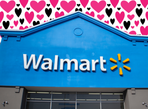Walmart store with a heart background