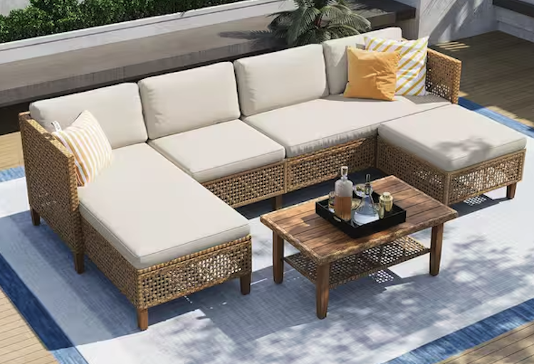 Brown 5-Piece Wood Outdoor Wicker Patio Conversation Sectional Seating Set with Beige Cushions