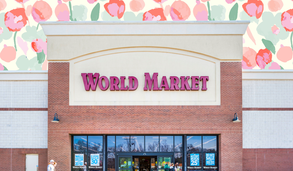 World Market store with a pink floral background