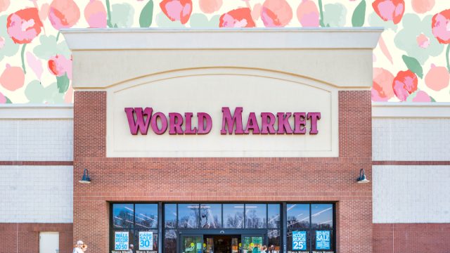 World Market store with a pink floral background