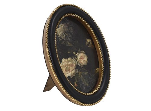 Home Decor Collection Black Round Wall Art or Tabletop, White Rose Floral Print by Antoine Monnoyer with Gold Beaded Frame, Classic Decorative Artwork, 6x8
