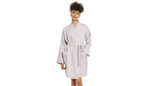 light gray short waffle-knit robe