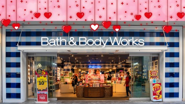 Bath & Body Works store with a Valentine's Day background