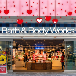 Bath & Body Works store with a Valentine's Day background